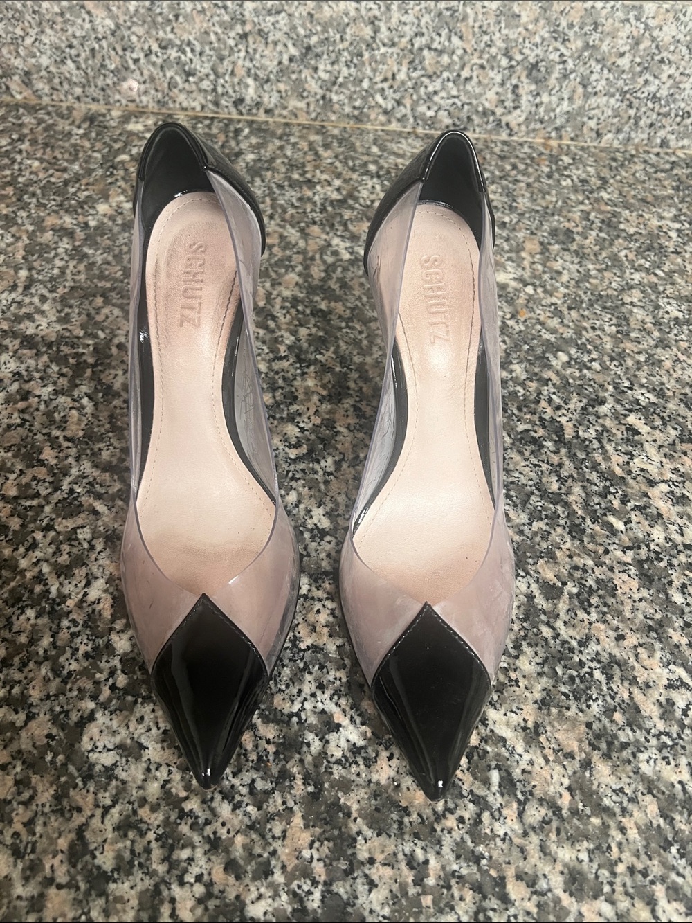 SCHUTZ Two-Tone Pointed Toe Pump in Nude and Black Patent